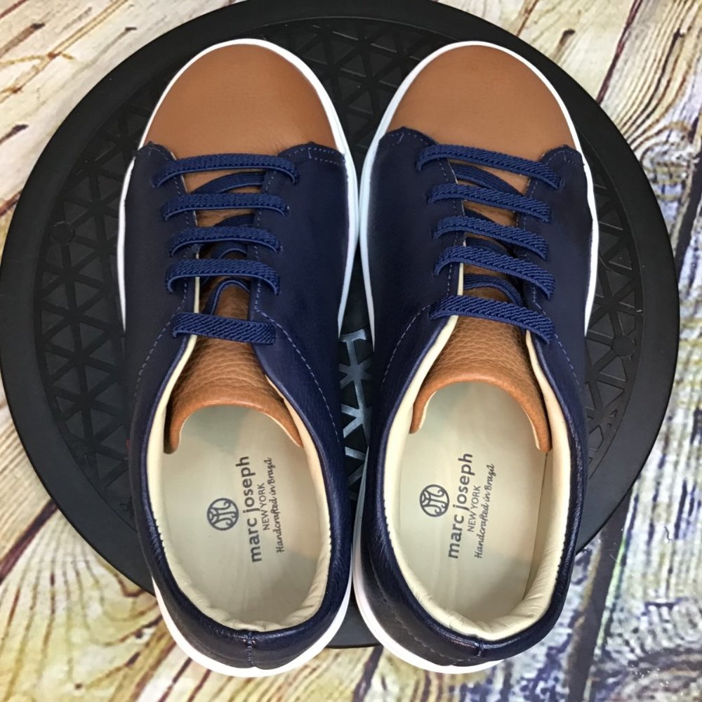 Marc Joseph Youth Blue and Tan Leather Low Top Lace Up Dress Casual Sneakers 6 - Picture 4 of 7